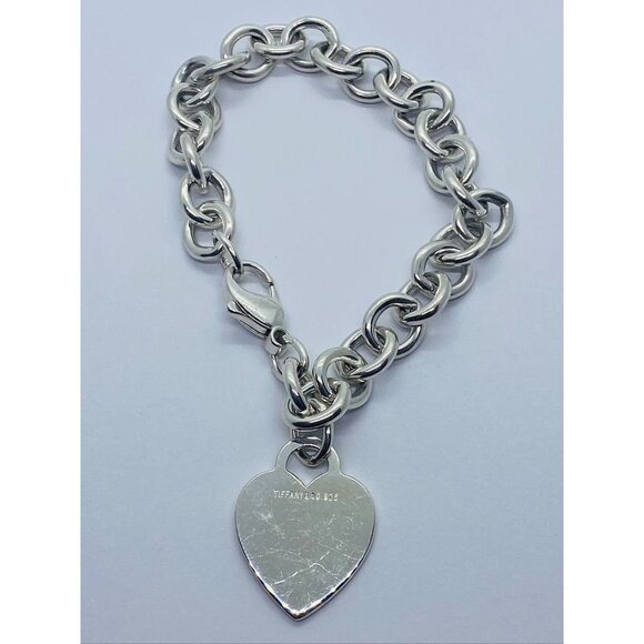 SOLD!!!Tiffany & Co Sterling Silver Blank Heart Tag Charm Bracelet 8" - Picture 1 of 9